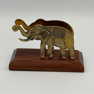 Vintage Brass Elephant Letter Holder Stationery Organizer on Wood Base India